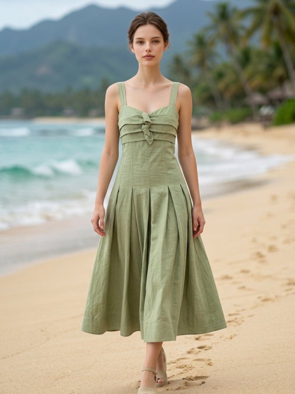 NWOT Moon River Sage Green Cotton Midi Dress Smocked Back Size S